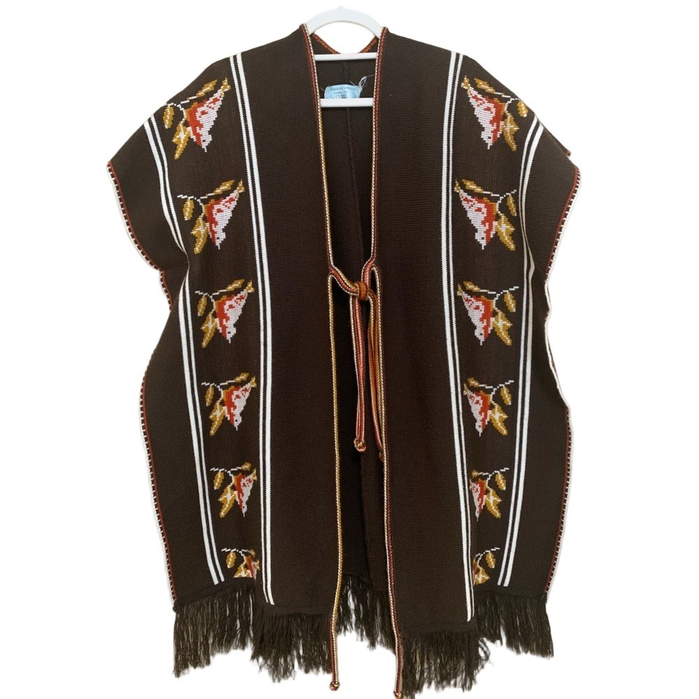 Comanche Imports Poncho Womens One Size Brown Knit‎ Bird Pattern Fringe Vintage